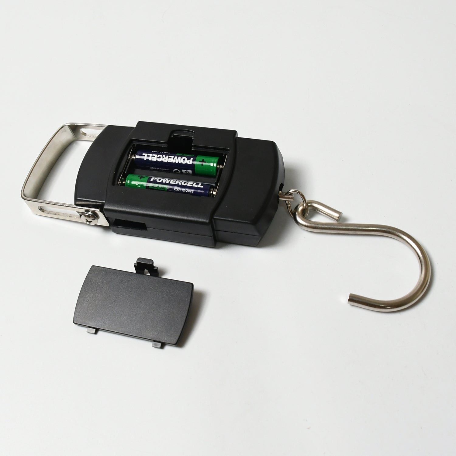 Hook-type weighing scale for luggage.