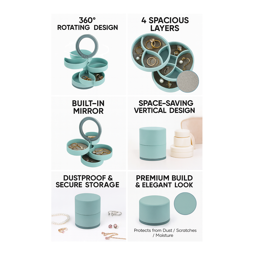 Portable jewellery case 4 layers rotating with mirror storage India